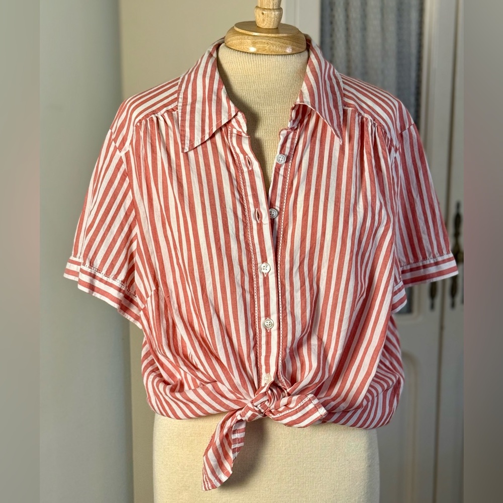 Rafaella Women's 2X Button Up 100% Cotton Red & White Striped Cotton Camp Shirt